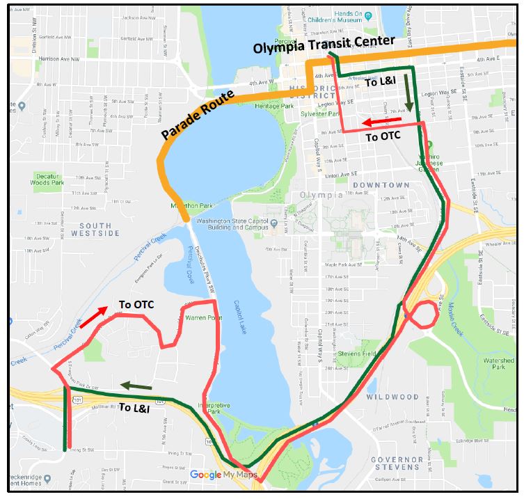 Route 12 detour in downtown Olympia due to Toy Run on Dec. 1